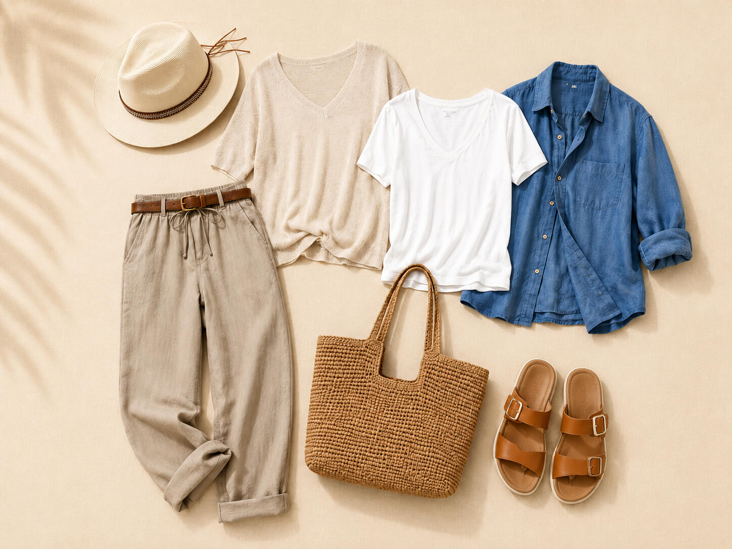 Summer Edit A simple wardrobe edit with a straw fedora hat, trousers, a white t-shirt, and a classic denim arranged on a neutral linen background.
