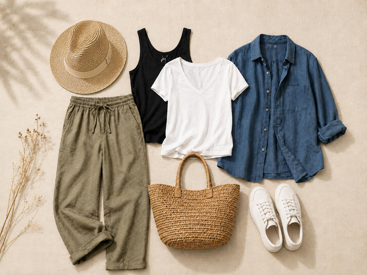 Summer Edit A simple wardrobe edit with a straw fedora hat, trousers, a white t-shirt, and a classic denim arranged on a neutral linen background.